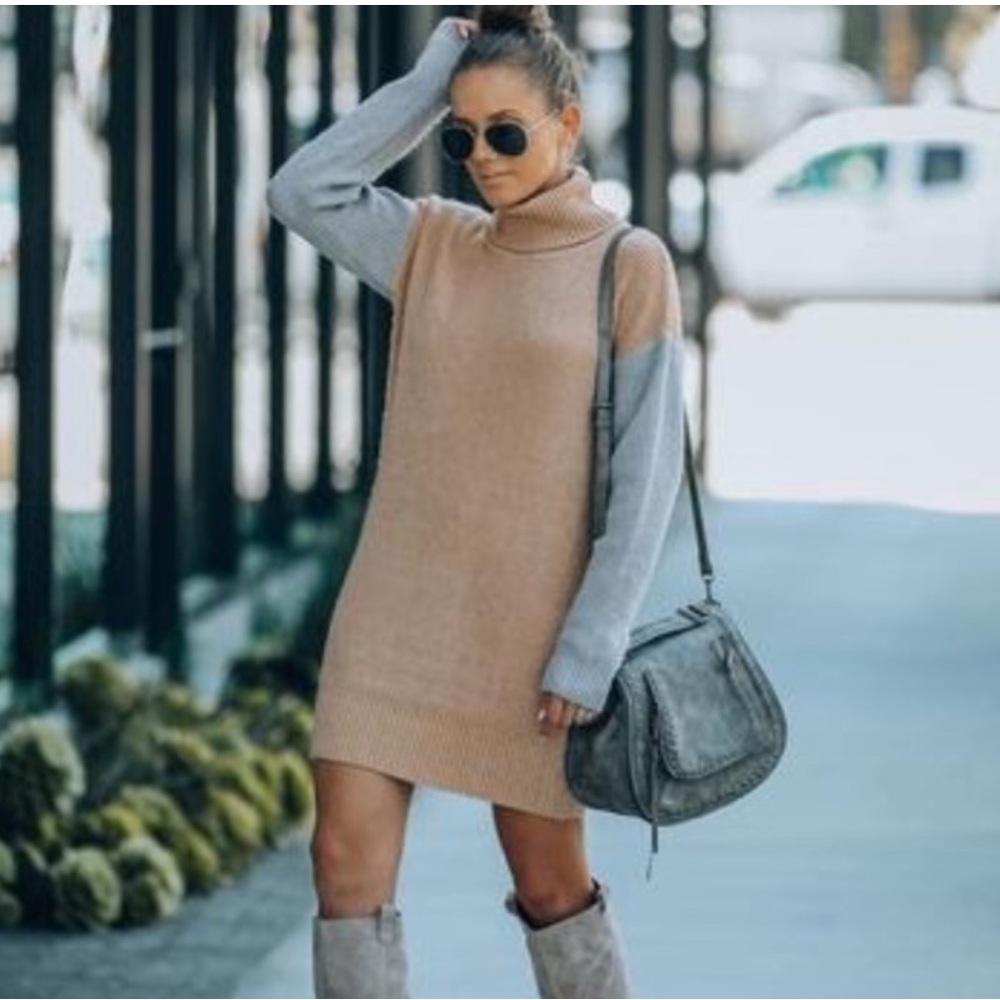 VICI Layer of Frost Gray and Tan Color Block Sweater Dress Small